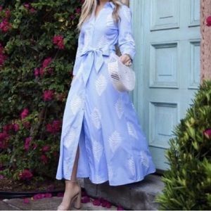 Zara Pinstripe Tropical Embroidered Leaf Midi Max Shirt Button Up Blue Dress S